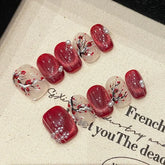 10Pcs Handmade Red Sweet Press on Nails Pearl Cat Eye French Short Nail Fashion Finished False Nails Wearable Acrylic Nails Art